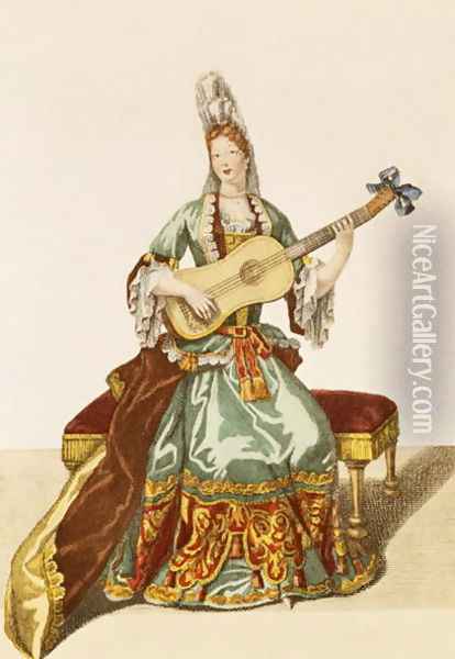 Lady of Quality Playing the Guitar, fashion plate, c.1695 Oil Painting - Nicolas Bonnart