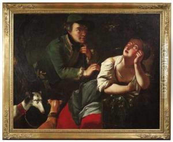 A Young Hunter Teases A Sleeping Maid With An Ear Oil Painting - Nicolaus Treu