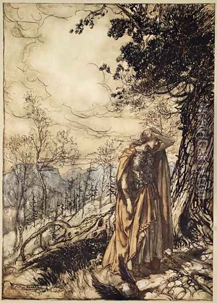 Brunnhilde stands for a long time, dazed and alarmed, illustration from The Rhinegold and the Valkyrie, 1910 Oil Painting - Arthur Rackham