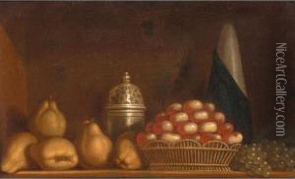 A Still Life Of Apples In A 
Wicker Basket, Together With Pears, Peaches And A Silver Sugar Caster Oil Painting - Andre Bouys