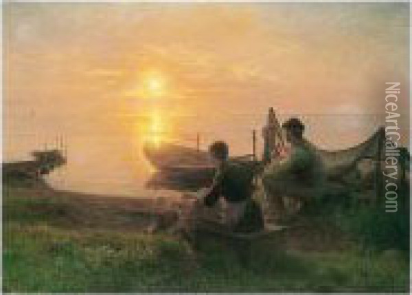 Solnedgang (watching The Sun Go Down) Oil Painting - Hans Ole Brasen