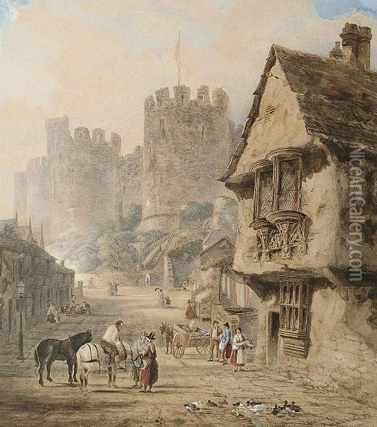 Old College And Entrance To Conway Castle Oil Painting - Joseph Josiah Dodd