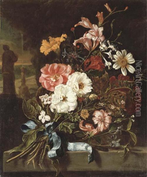Carnations, Lilies, Narcissi And
 Other Flowers Tied With A Blue Ribbon On A Stone Ledge, A Park Beyond Oil Painting - Jan Weenix