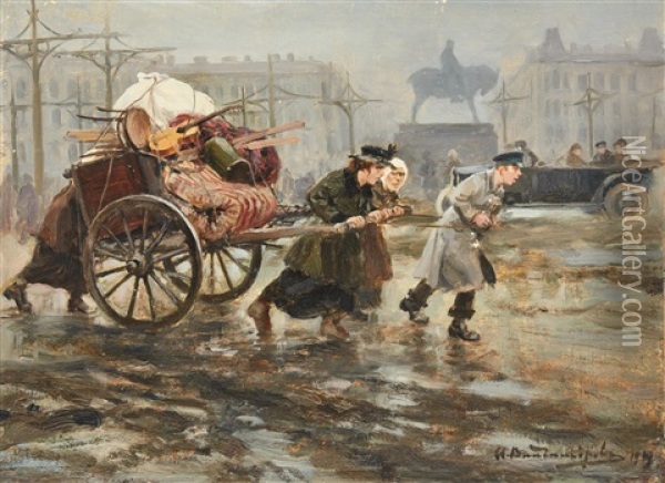 A Family Carrying Their Belongings - St. Petersburg Oil Painting - Ivan Alekseevich Vladimirov