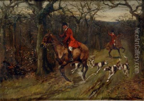 On The Scent, Huntsmen And Hounds On A Woodland Path Oil Painting - Thomas Ivester Lloyd