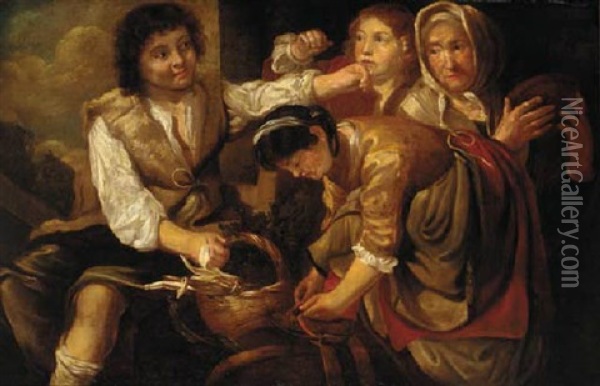 A Maid And A Girl With Two Youths Fighting Oil Painting - Bernhard Keil