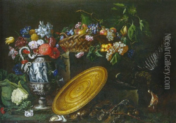 Nature Morte Au Plat D'orfevrerie, Faisan, Panier De Fruits Et Bouquets De Fleurs Oil Painting - Giovanni Battista Salvi (Il Sassoferrato)