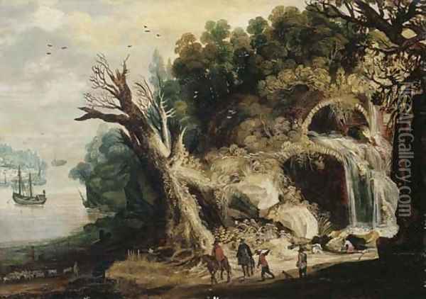 A mountainous river landscape with travellers on a track by a waterfall Oil Painting - Josse de Momper