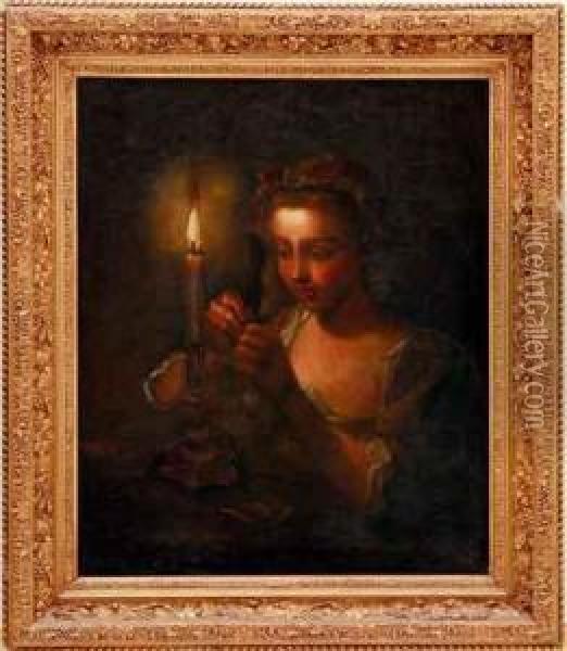 Young Woman By Candlelight Oil Painting - Godfried Schalcken