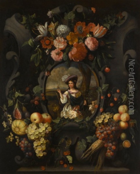 A Cartouche Still Life Of Flowers And Fruit Around A Portrait Of A Lady Dressed As A Shepherdess Oil Painting - Frans Van Everbroeck