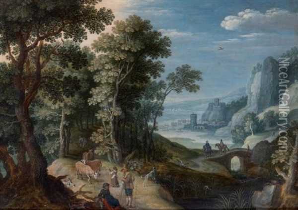 Paysage De Collines Avec Une Forteresse Pres D'un Lac Oil Painting - Marten Ryckaert