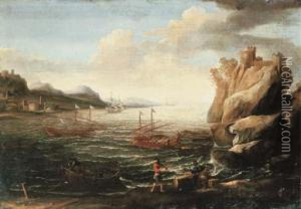 A Mediterranean Coastal 
Landscape With Fishermen Mooring Theirboats In The Foreground And 
Levantine Galleys Beyond Oil Painting - Lorenzo A. Castro