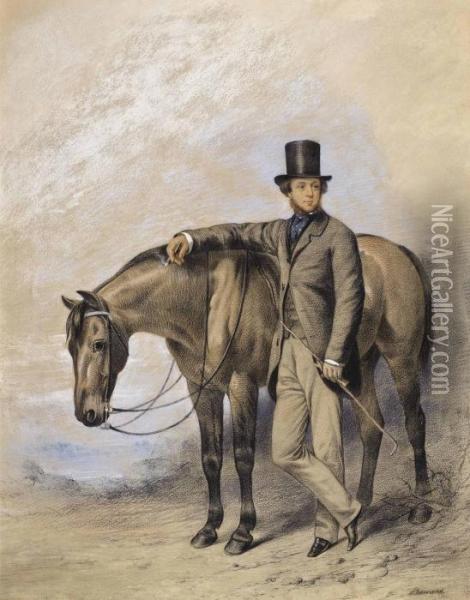 Portrait Of A Gentleman, Standing Full-length Beside A Horse, His Crop In His Hand Oil Painting - William Barraud