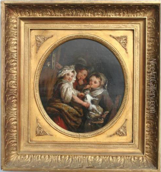 Children With A Cat Oil Painting - Jean Baptiste Greuze