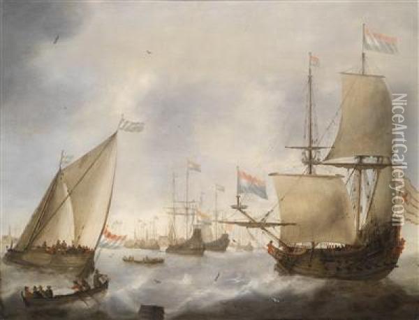 Dutch Warships And Rowing Boats In The Harbour At Amsterdam Oil Painting - Jacob Adriaensz. Bellevois