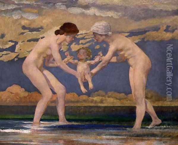 The Waters Edge- Two Women and a Baby Oil Painting - Charles Sims
