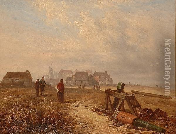 Figures On A Norfolk Beach With A Village Beyond. Oil Painting - Walter Williams
