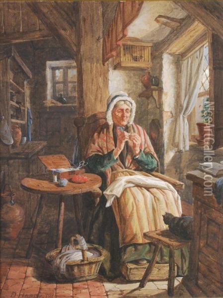 A Ladyknitting In An Interior Oil Painting - David Hardy