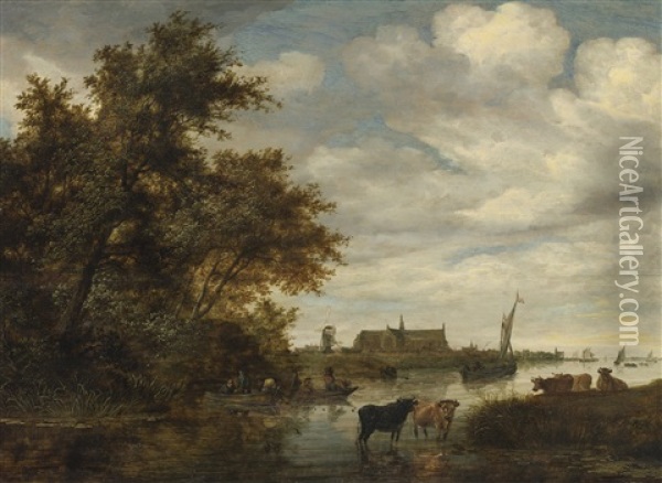 River Landscape With Fishermen And Cattle, The Grote Kerk Of Alkmaar Beyond Oil Painting - Salomon van Ruysdael