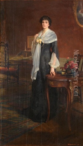 Mrs Arthur Heygate Standing In An Interior Oil Painting - George Percy R. E. Jacomb-Hood