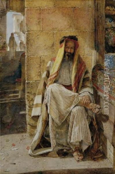 An Arabian Chief, Seated In A Cairo Bazaar Oil Painting - John Frederick Lewis