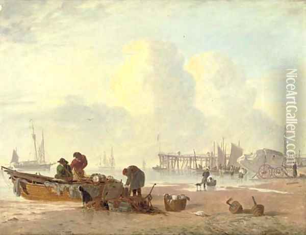 A coastal scene with fisherfolk in the foreground Oil Painting - Alfred Stannard