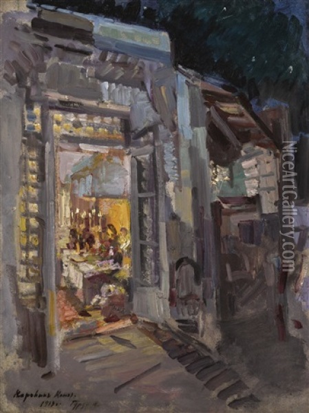 House In Gurzuf With A Candlelit Interior Oil Painting - Konstantin Alexeievitch Korovin