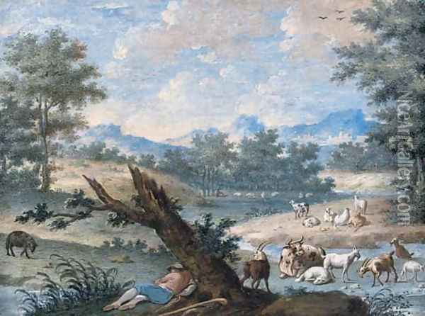 A shepherd sleeping under a tree, his flock grazing around him Oil Painting - North-Italian School