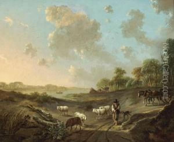 A Pastoral Landscape With Figures And Sheep On A Track In The Foreground Oil Painting - Andries Vermeulen
