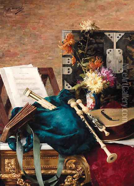 Musical Instruments and a Music Score with Flowers on a Table Oil Painting - Desire de Keghel