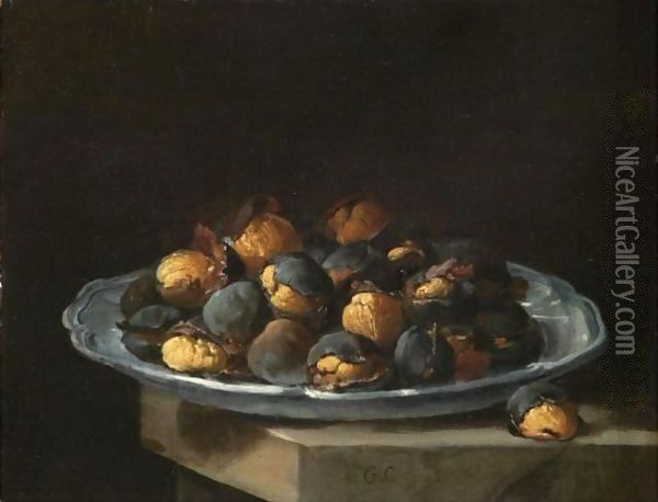 Still Life With Roasted Chestnuts On A White Plate Resting On A Stone Ledge Oil Painting - Giacomo Ceruti (Il Pitocchetto)