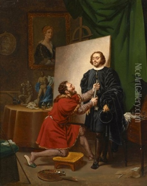 Pierre L'aretin Dans L'atelier De Tintoret Oil Painting - Pierre Nolasque Bergeret