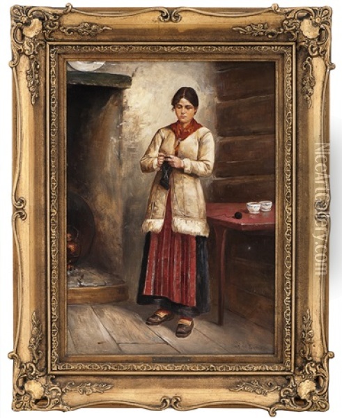 Staende, Strikkende Kvinne I Interior Oil Painting - Axel Ender