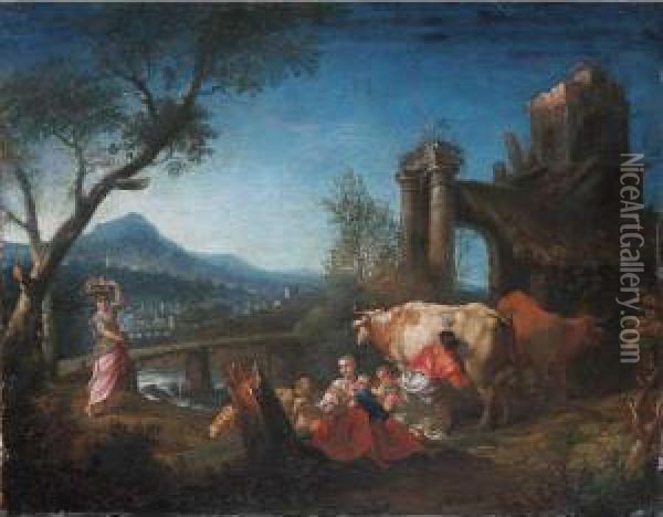 Paesaggio Fluviale Con Rovine Classiche, Pastorelle, Fanciulli Ed Armenti Oil Painting - Domenico Pecchio