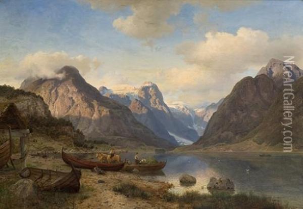 From The Inner Part Offjaerlandsfjord In Sogn 1857 Oil Painting - Hans Fredrik Gude