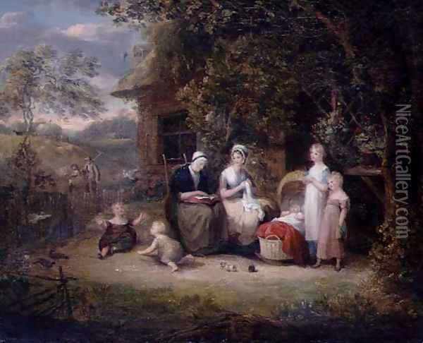 Family Group before a Thatched Cottage Oil Painting - Maria Spilsbury