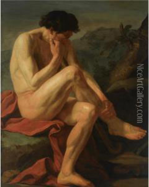 A Naked Man Sitting In A Landscape Oil Painting - Jean-Joseph Taillasson