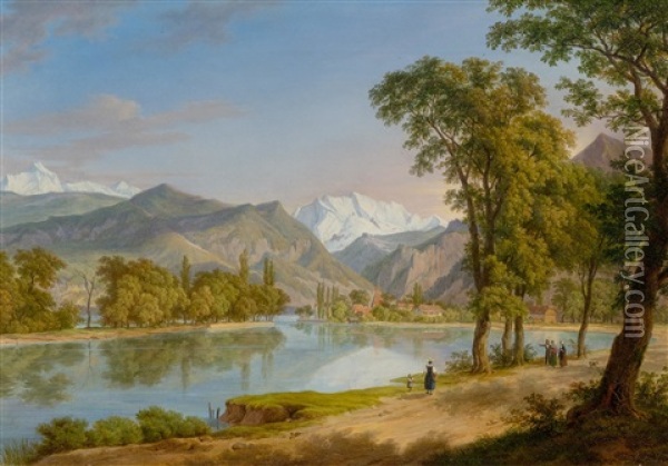 Walker By A Mountain Lake Oil Painting - Anton Radl