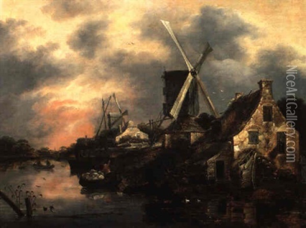 Abendliche Fluslandschaft Mit Windmuhlen Und Booten Oil Painting - Nicolaes Molenaer