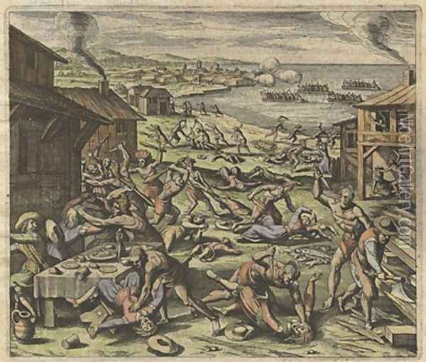 The massacre of the settlers in 1622 plate VII from America Part XIII Oil Painting - Matthaus the Elder Merian