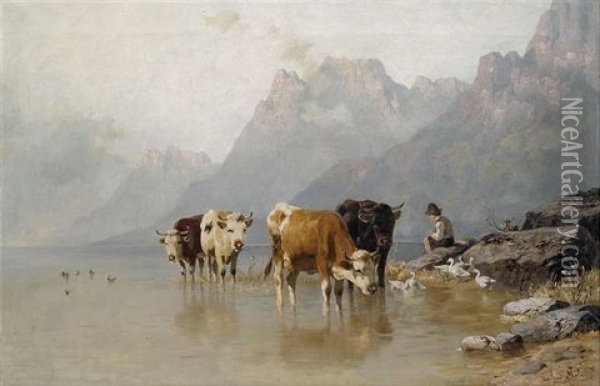 Kuhe Und Ganse Mit Einem Hirten Am Seeufer Oil Painting - Christian Friedrich Mali