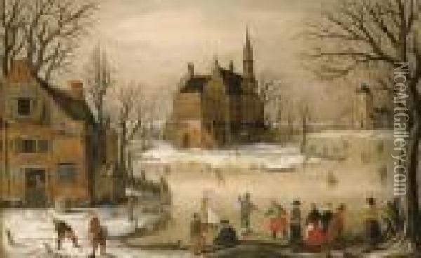 Figures In A Winter Landscape With A Castle Beyond Oil Painting - Hendrick Avercamp