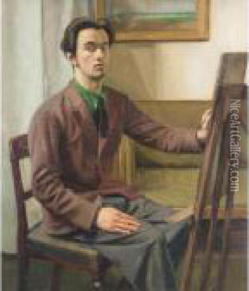 Portrait Of A Student (corfield?) At His Easel Oil Painting - William Rothenstein