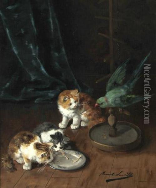 Junge Katzen Mit Einem Papagei Oil Painting - Alphonse de Neuville