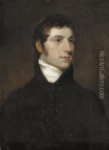 Portrait Of A Gentleman, 
Believed To Be Robert La Touche, Smallhalf-length, In A Black Coat Oil Painting - Hugh Douglas Hamilton