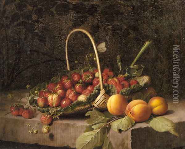 A Basket of Strawberries and Peaches on a Stone Ledge Oil Painting - William Hammer