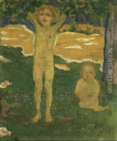 Zwei Kinder In Wiese Oil Painting - Giovanni Giacometti