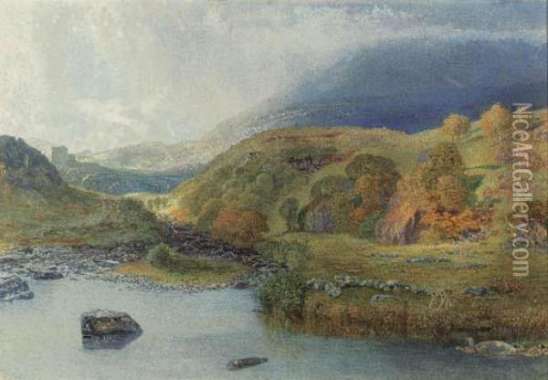 A Mountain Stream With A Heron In The Foreground Oil Painting - Alfred William Hunt