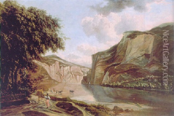 A Wooded Landscape With A Milkmaid And Cowherd Watering Their Cattle, An Extensive River Gorge Beyond Oil Painting - Jan Hackaert