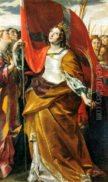 Saint Ursula Holding A Banner And A Palm Branch Looking Toward Heaven With Her Accompanying Virgins Holding Their Branches Of Martyrdom Oil Painting - Giovanni Lanfranco